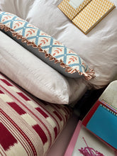 Load image into Gallery viewer, Blue and Orange Trellis + Orange Stripe Frill