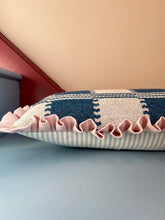 Load image into Gallery viewer, Blue Woven Checkerboard + Pale Pink Frill