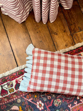 Load image into Gallery viewer, Red Ditsy Block Print + Red Gingham Back and Pale Blue Frill