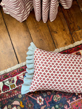 Load image into Gallery viewer, Red Ditsy Block Print + Red Gingham Back and Pale Blue Frill