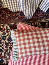 Load image into Gallery viewer, Red Ditsy Block Print + Red Gingham Back and Pale Blue Frill