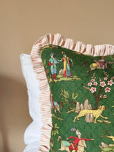 Load image into Gallery viewer, Green Vintage Folk Scene + Pink Stripe Frill