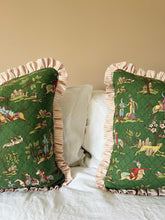 Load image into Gallery viewer, Green Vintage Folk Scene + Pink Stripe Frill