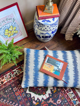 Load image into Gallery viewer, Blue Ikat Stripe + Dusky Pink Piping