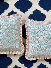 Load image into Gallery viewer, Aqua Block Print + Pink Stripe Frill