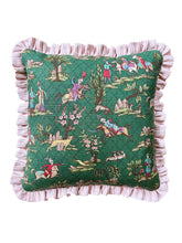 Load image into Gallery viewer, Green Vintage Folk Scene + Pink Stripe Frill