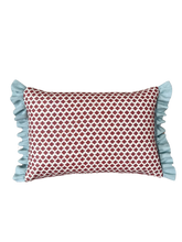 Load image into Gallery viewer, Red Ditsy Block Print + Red Gingham Back and Pale Blue Frill
