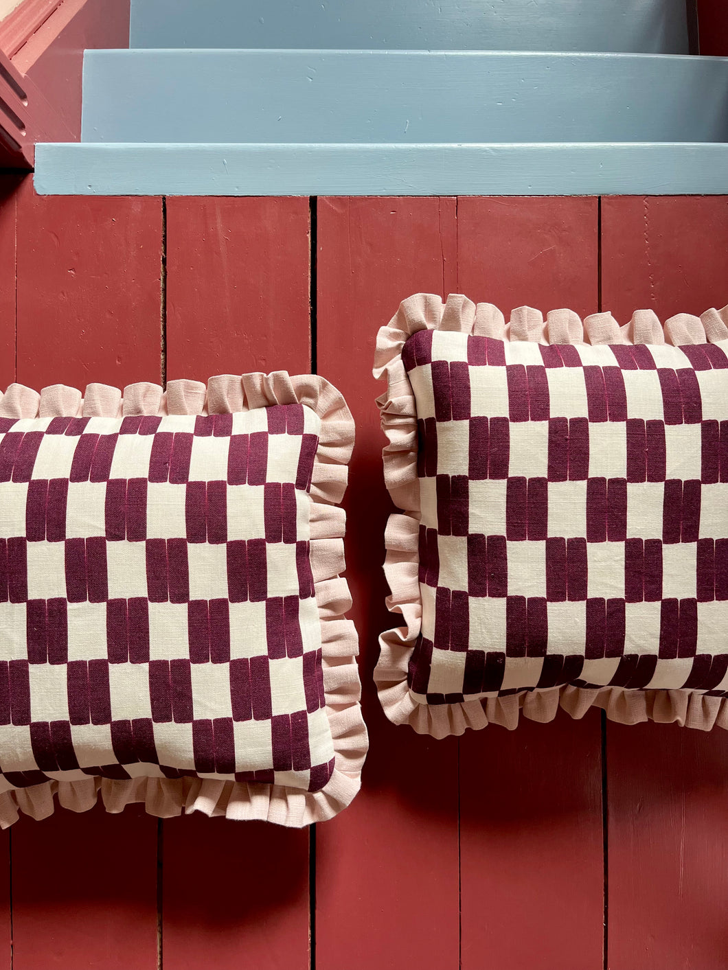 Plum Checkerboard + Your Choice of Frill / Piping and Back Fabric