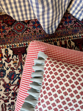 Load image into Gallery viewer, Red Ditsy Block Print + Red Gingham Back and Pale Blue Frill
